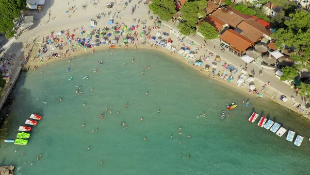 Aerial scene of the beach in Biograd town, the Adriatic Sea in Croatia