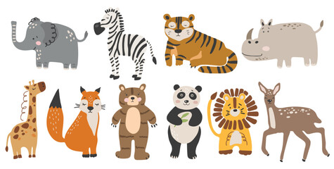 Abstract baby animals set, boho baby animals collection, funny animals vector, jungle animal set