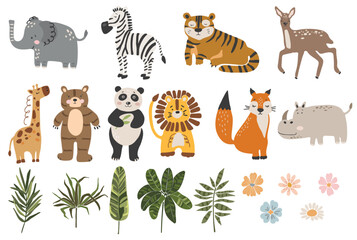 Abstract baby animals set, boho baby animals collection, funny animals vector, tropical leaves, jungle animal set