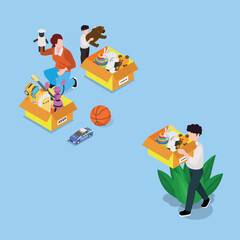 Father and mother help their son sorting his toys into donation and keep boxes isometric 3d vector illustration concept for banner, website, illustration, landing page, flyer, etc.