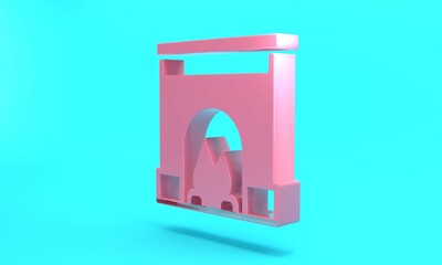 Pink Interior fireplace icon isolated on turquoise blue background. Minimalism concept. 3D render illustration