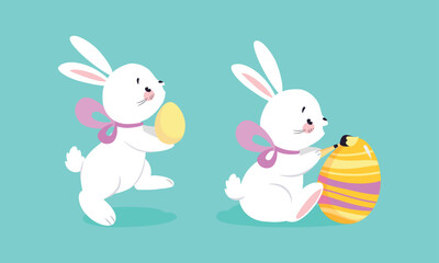 White Easter Bunny with Colorful Egg and Ribbon Bow on Blue Background Vector Set