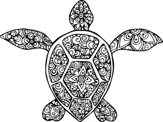 Fototapeta premium Turtle drawn in vector. Mandala. Artistic drawing of a turtle in the style of a mandala. India. Indian culture. Sea creatures. Tattoo. Turtle mandala. Logo.