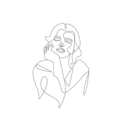 Beauty woman smiling hands close to the girls smiling face one line art drawing line illustration