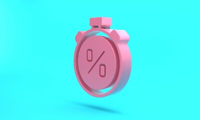 Pink Stopwatch with percent discount icon isolated on turquoise blue background. Time timer sign. Minimalism concept. 3D render illustration