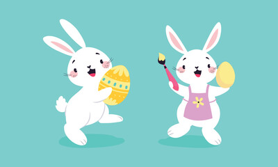 White Easter Bunny Painting Colorful Egg with Brush on Blue Background Vector Set