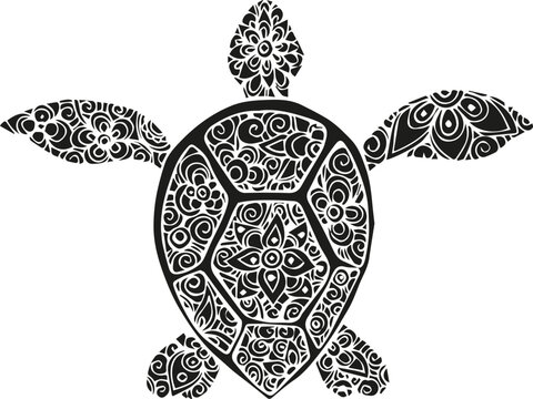 Turtle drawn in vector. Mandala. Artistic drawing of a turtle in the style of a mandala. India. Indian culture. Sea creatures. Tattoo. Turtle mandala. Logo.