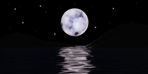 The super full moonlight with small stars and mountains on The dark night Ocean and reflection on water waves. The moon 3d rendering background illustration, Welcome to Halloween day.