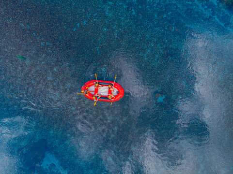 Rafting On Red Boat On Blue River Turkey, Aerial Top View. Concept Adventure Extreme Travel