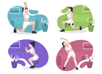 Athletic Woman Exercising Fitness at Home. Sport Healthy Lifestyle Wellness Concept with Fit Female Character Doing Pilates, Training. Vector Flat Illustration with bubble background