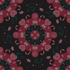 Christmas Seamless Pattern. Lollipop Mandala. Heart lollipop and Candy cane. Christmas tree and stars. Chocolate, raspberry, and green colors. Vector illustration.