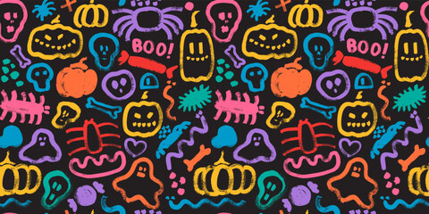 Seamless pattern with hand painted Halloween creatures, pumpkins, spiders, ghosts. Cute creepy holiday characters. Endless spooky wallpaper, background.