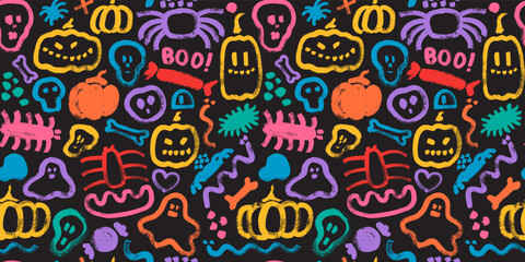 Naklejka premium Seamless pattern with hand painted Halloween creatures, pumpkins, spiders, ghosts. Cute creepy holiday characters. Endless spooky wallpaper, background.