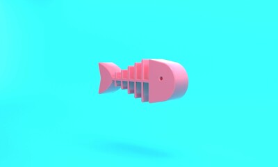 Pink Fish skeleton icon isolated on turquoise blue background. Fish bone sign. Minimalism concept. 3D render illustration