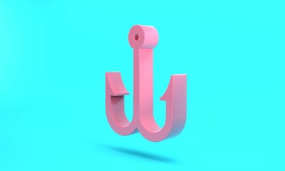 Pink Fishing hook icon isolated on turquoise blue background. Fishing tackle. Minimalism concept. 3D render illustration