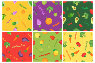 Healthy organic food fruits and vegetable seamless pattern set vector illustration