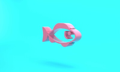 Pink Fish icon isolated on turquoise blue background. Minimalism concept. 3D render illustration