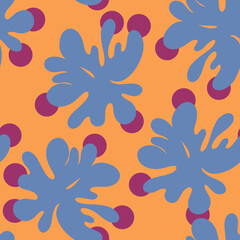 Hand drawn seamless pattern with abstract floral shapes and dots. Retro color palette organic freehand shapes repeated pattern