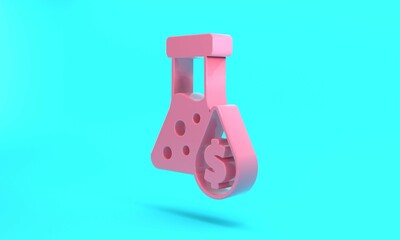 Pink Oil petrol test tube icon isolated on turquoise blue background. Cmemistry flask and falling drop. Minimalism concept. 3D render illustration