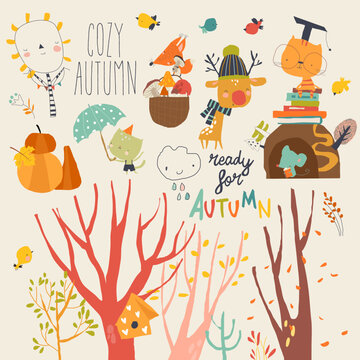 Cartoon Autumn Set with Funny Animals and Colorful Trees