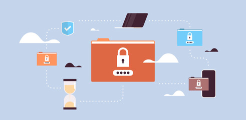 Data protection padlock security privacy database and folder password protect map internet mobile computer app concept horizontal flat vector illustration.