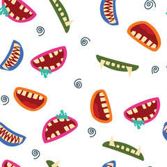 Scary mouths of monster with horror teeth for Halloween wrapped's paper or textile. Vector illustration 