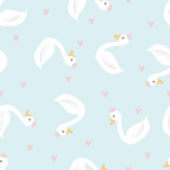 Blue soft pastel swan princess and heart doodle pattern