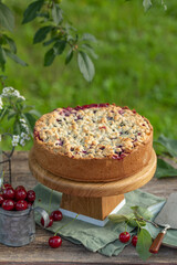 sour cherry crumble cake on  wooden table