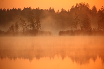 Landscape with fogs during sunrise at dawn with trees and river early in the morning