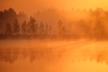 Landscape with fogs during sunrise at dawn with trees and river early in the morning