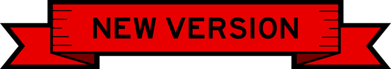Red color ribbon label banner with word new version on white background