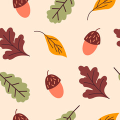 Seamless Autumn Pattern with Acorns and leaves. Perfect for wallpaper, gift paper, Pattern fill, web page background, Autumn greeting cards. Vector illustration.