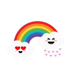 Cartoon rainbow, colorful rainbow decorated with hearts and clouds, colorful collection of graphic illustrations.