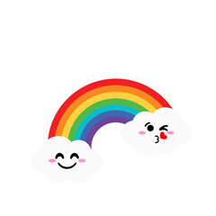 Cartoon rainbow, colorful rainbow decorated with hearts and clouds, colorful collection of graphic illustrations.