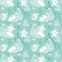 Graphic seamless pattern with cartoon underwater animals and rocks. Starfish, rock, snail, bubbles, water plant. Marine background. Underwater life. Good for textiles, wrapping paper, wallpaper.