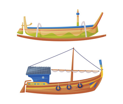 Wooden Boat or Ship as Bali Traditional Cultural Attribute Vector Set