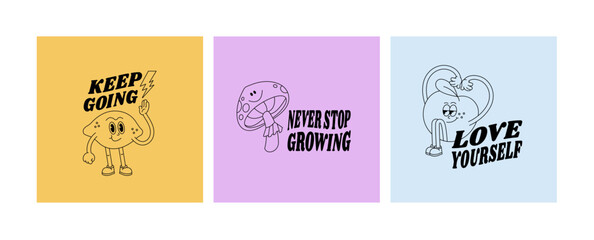 Vector illustration set of character- lemon, mushroom and peach with typography quote. Groovy stickers for print.