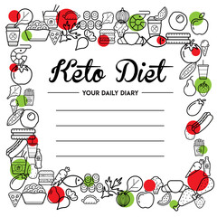 Keto Diet - Ketogenic food vector illustration. Healthy keto food - fats, proteins and carbs on one vector illustration. Low carbs ketogenic diet food.