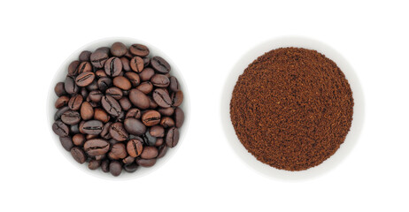 Coffee beans and ground coffee in ceramic bowls isolated on white background top view