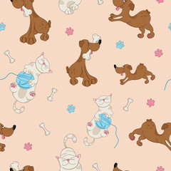 Cat and dog seamless pattern. Graphic design for children. Cartoon pets. Caricature. Ball of yarn, bone, treat and paws. Print, packaging template, textile, bed linen and wallpaper.