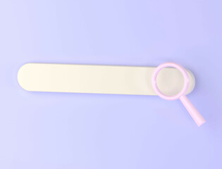 Blank search bar with magnifying glass, web search template on blue background. 3D render, 3D illustration.