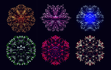 Vector Snowflake Fireworks Set. Different shapes. Star Explosion. Merry Christmas. Mandala.