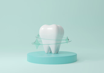 White sparkling tooth on a pedestal, clean healthy molar 3D rendering, dental care concept. - obrazy, fototapety, plakaty