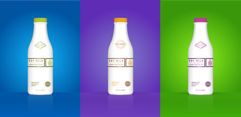 Set of Soy Milk Bottle with Colorful Background. Healthy Organic Product Made of Soy Beans. Vector Illustration. Advertising Template. Print.