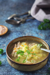 A bowl with chicken soup with pasta	