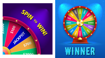 Set of Vector 3D Spinning Fortune Wheel, Realistic Style Lucky Roulette Illustration
