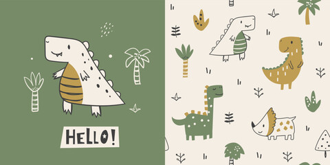 Сhildish pattern with cute dinosaur, baby shower greeting card. Animal seamless background, cute vector texture for kids bedding, fabric, wallpaper, wrapping paper, textile, t-shirt print - obrazy, fototapety, plakaty