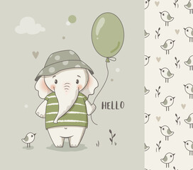 Cute elephant baby boy card and seamless pattern. Kids wear print, baby shower greeting card, invitation template.