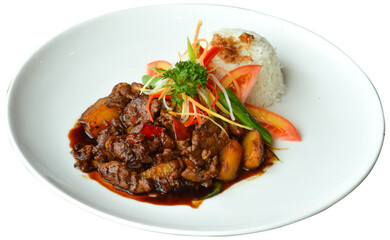 Chicken Semur with rice and vegetables on transparent background