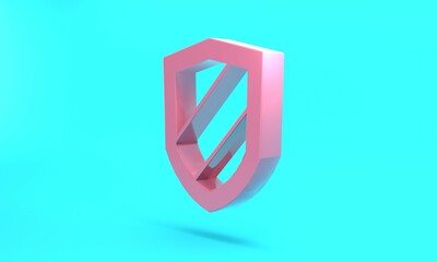 Pink Shield icon isolated on turquoise blue background. Guard sign. Security, safety, protection, privacy concept. Minimalism concept. 3D render illustration